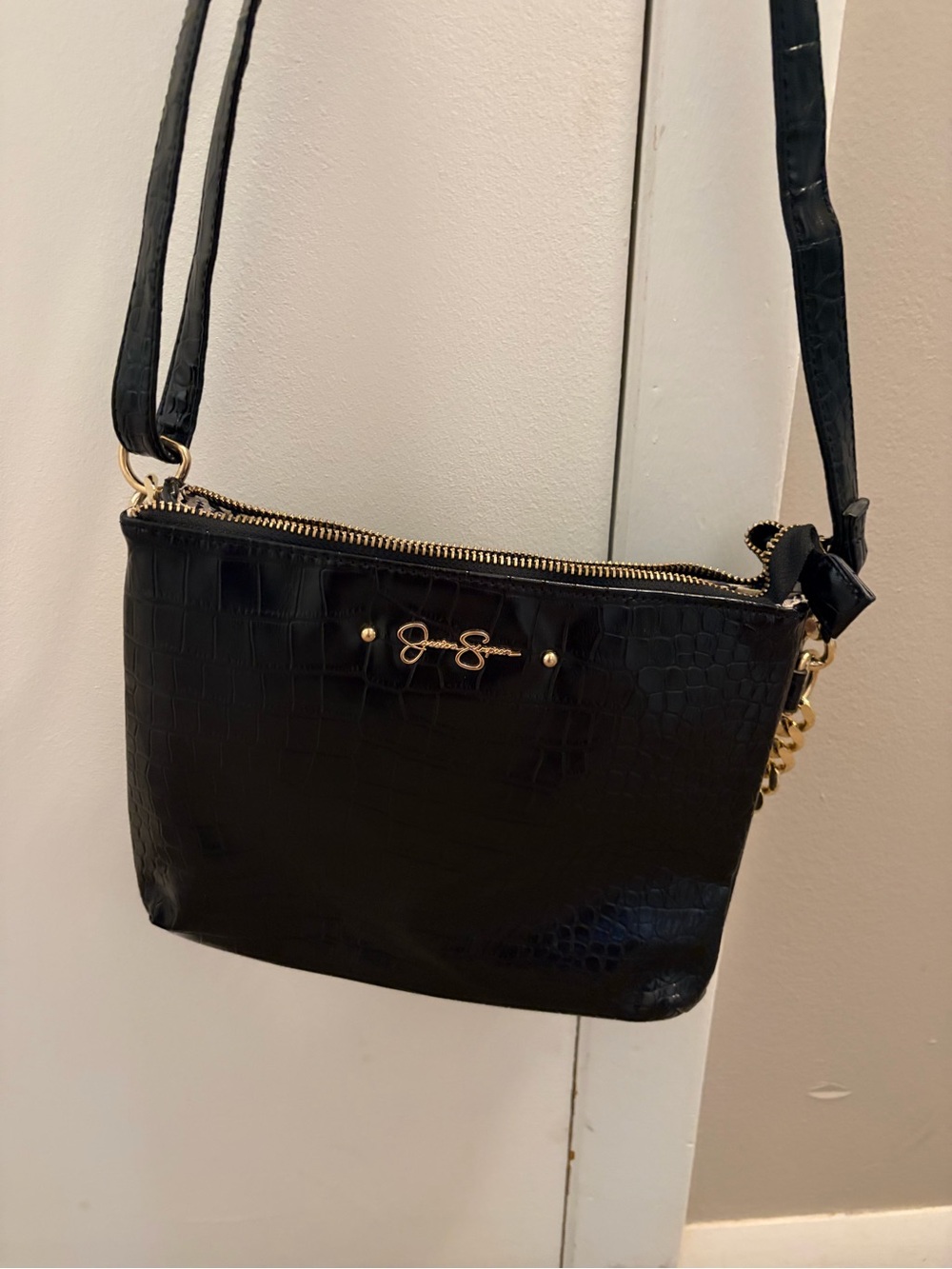 Jessica Simpson Black Croc-Embossed Crossbody with Gold Hardware